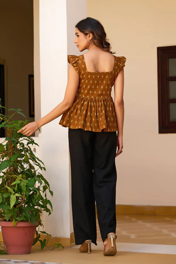 Teal Geometric Print Fit & Flare Cotton Stitched Top