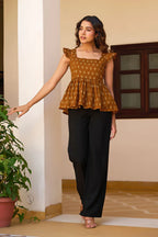 Teal Geometric Print Fit & Flare Cotton Stitched Top