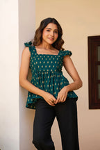 Teal Geometric Print Fit & Flare Cotton Stitched Top
