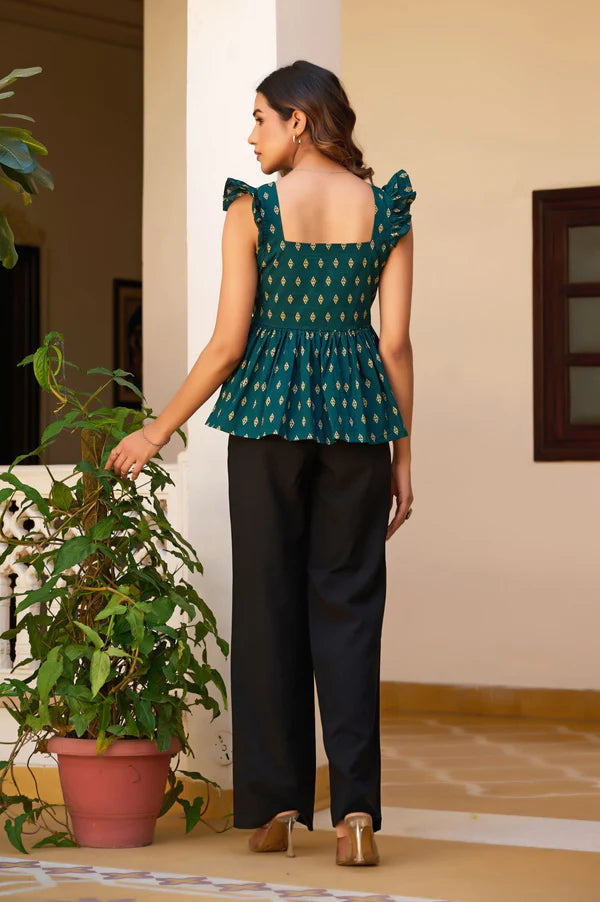 Teal Geometric Print Fit & Flare Cotton Stitched Top