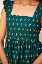 Teal Geometric Print Fit & Flare Cotton Stitched Top