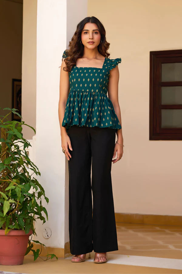 Teal Geometric Print Fit & Flare Cotton Stitched Top