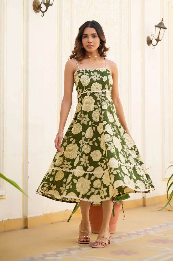Mahendi Green Floral Print Fit & Flare Cotton Stitched Dress