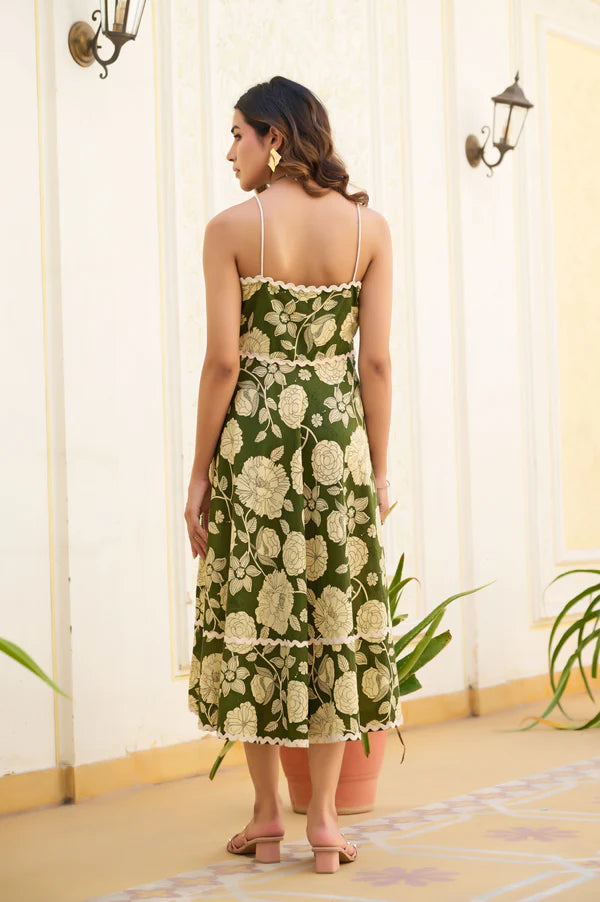Mahendi Green Floral Print Fit & Flare Cotton Stitched Dress