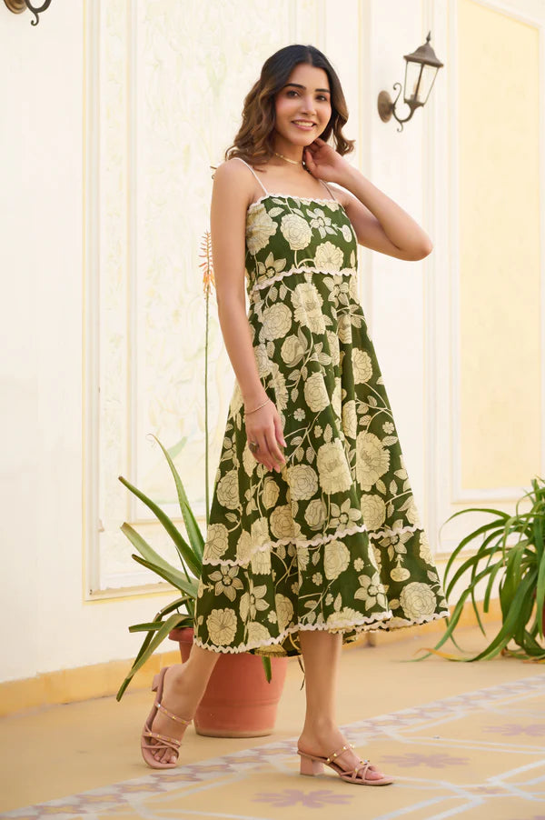 Mahendi Green Floral Print Fit & Flare Cotton Stitched Dress