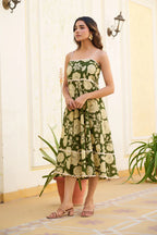 Mahendi Green Floral Print Fit & Flare Cotton Stitched Dress