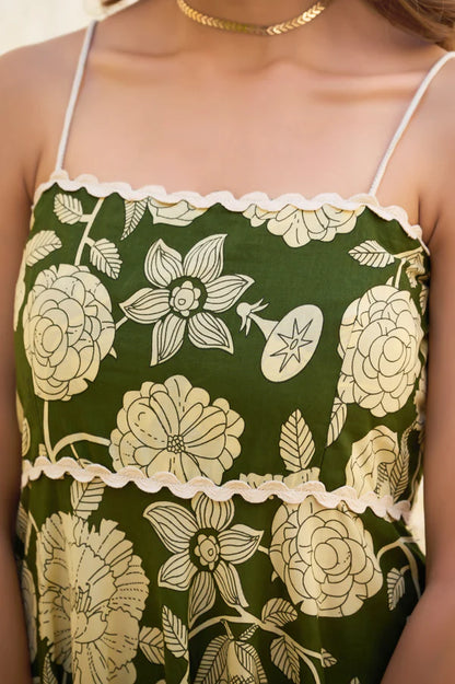 Mahendi Green Floral Print Fit & Flare Cotton Stitched Dress