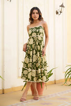 Mahendi Green Floral Print Fit & Flare Cotton Stitched Dress