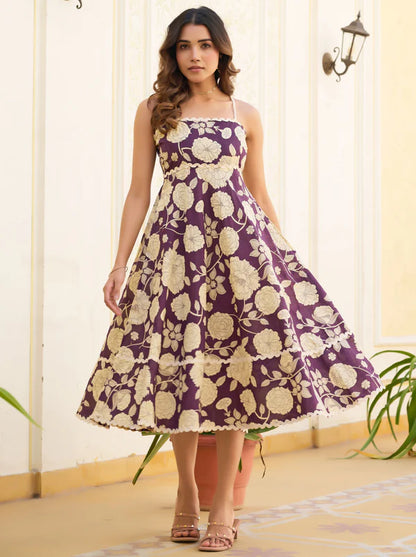 Wine Floral Print Fit & Flare Cotton Stitched Dress