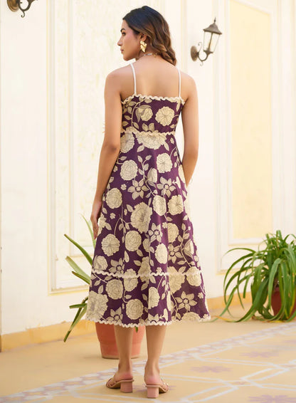 Wine Floral Print Fit & Flare Cotton Stitched Dress