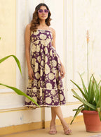 Wine Floral Print Fit & Flare Cotton Stitched Dress