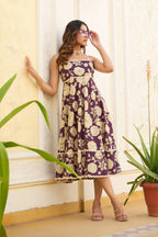 Wine Floral Print Fit & Flare Cotton Stitched Dress