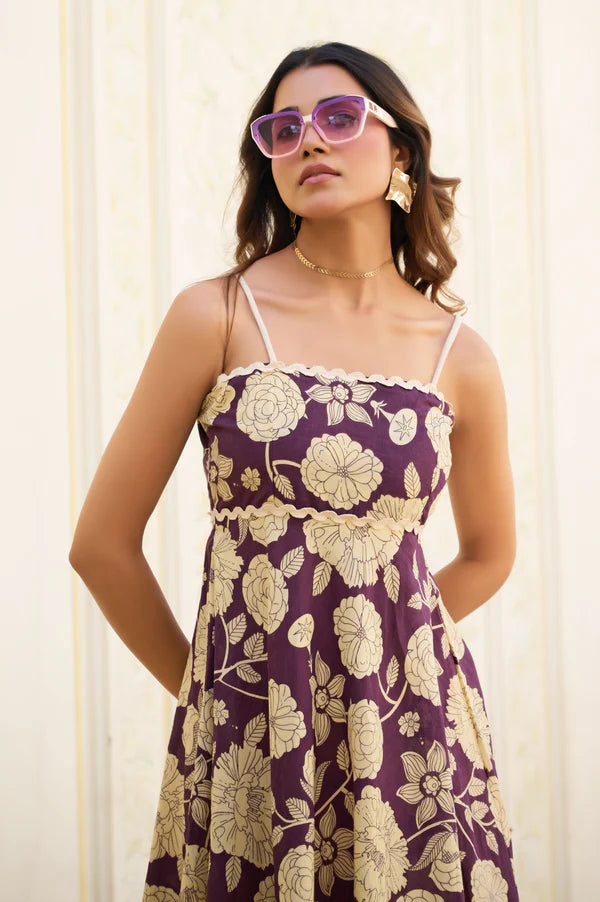 Wine Floral Print Fit & Flare Cotton Stitched Dress
