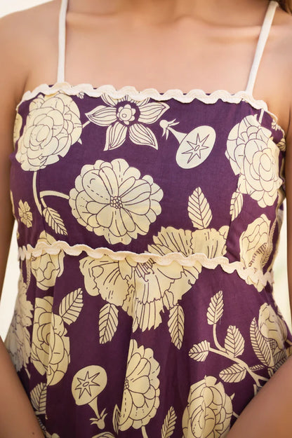 Wine Floral Print Fit & Flare Cotton Stitched Dress