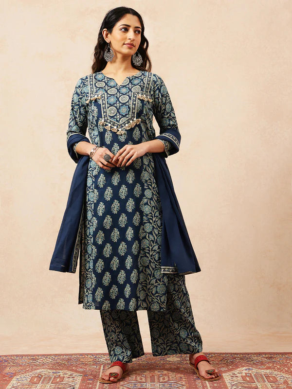 Blue Floral Straight Cotton Stitched Kurta, Palazzo With Dupatta