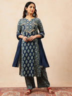 Blue Floral Straight Cotton Stitched Kurta, Palazzo With Dupatta