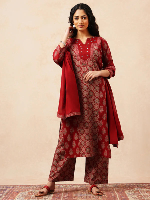 Maroon Geometric Straight Cotton Stitched Kurta, Palazzo With Dupatta