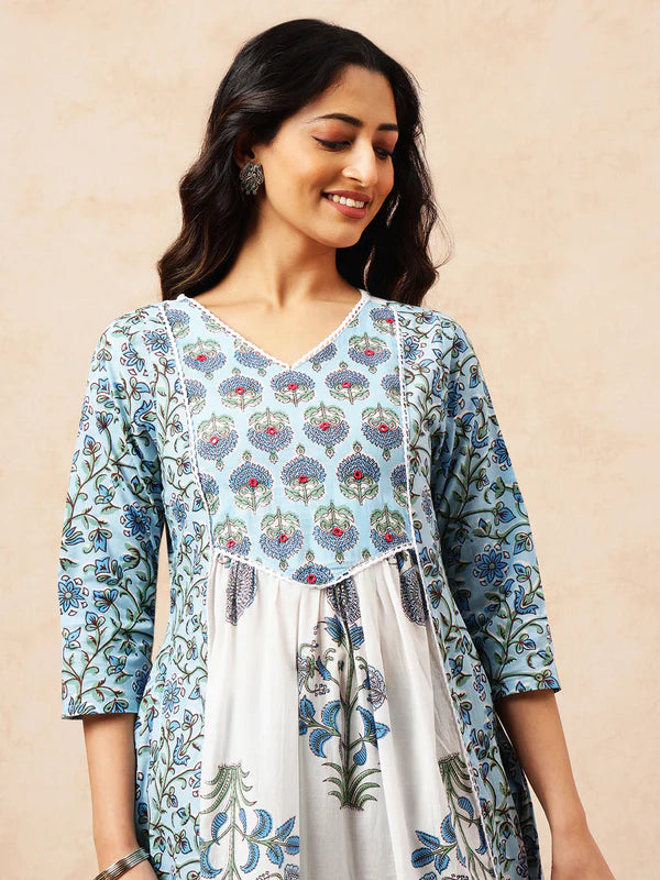 Sky Blue Floral A-Line Cotton Stitched Kurta, Pant With Dupatta