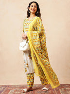 Yellow Floral A-Line Cotton Stitched Kurta, Pant With Dupatta