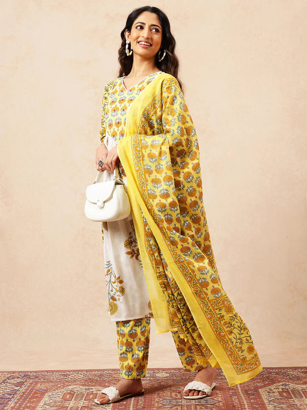 Yellow Floral A-Line Cotton Stitched Kurta, Pant With Dupatta