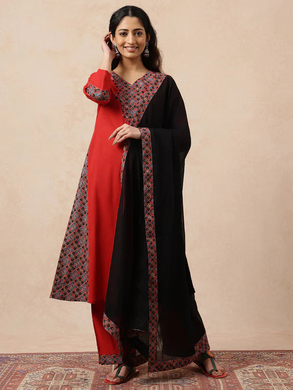 Red & Black Yoke Design A-Line Cotton Stitched Kurta, Pant With Dupatta