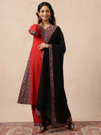 Red & Black Yoke Design A-Line Cotton Stitched Kurta, Pant With Dupatta