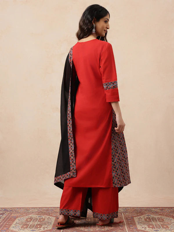 Red & Black Yoke Design A-Line Cotton Stitched Kurta, Pant With Dupatta