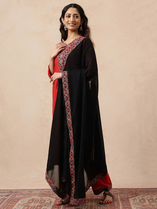 Red & Black Yoke Design A-Line Cotton Stitched Kurta, Pant With Dupatta