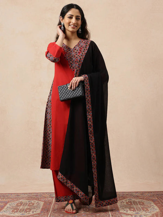 Red & Black Yoke Design A-Line Cotton Stitched Kurta, Pant With Dupatta