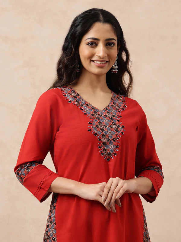 Red & Black Yoke Design A-Line Cotton Stitched Kurta, Pant With Dupatta