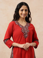 Red & Black Yoke Design A-Line Cotton Stitched Kurta, Pant With Dupatta