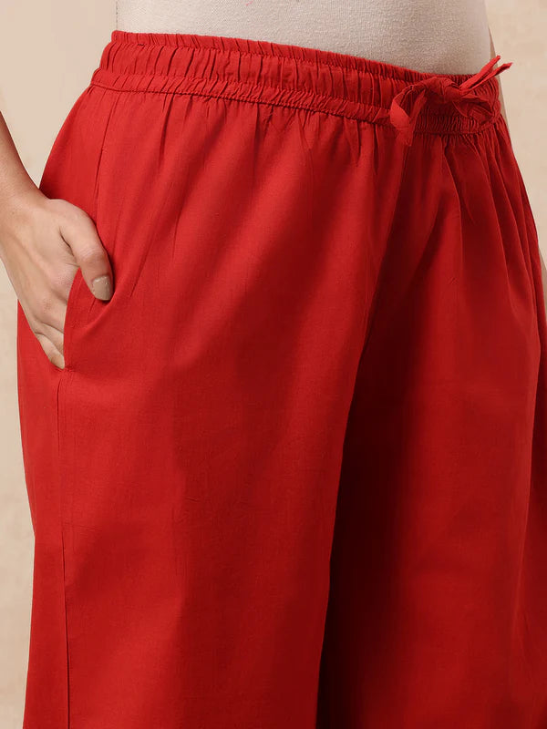 Red & Black Yoke Design A-Line Cotton Stitched Kurta, Pant With Dupatta