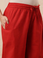 Red & Black Yoke Design A-Line Cotton Stitched Kurta, Pant With Dupatta