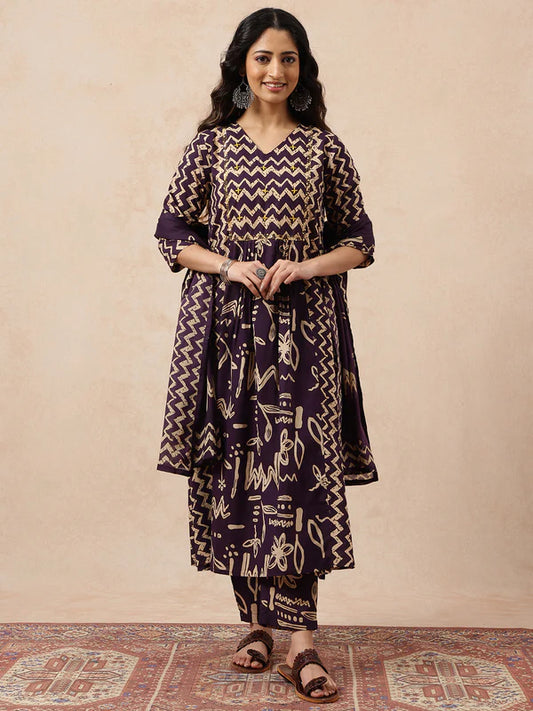 Wine Geometric A-Line Cotton Stitched Kurta, Pant With Dupatta