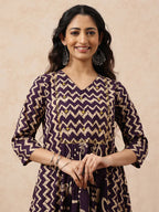 Wine Geometric A-Line Cotton Stitched Kurta, Pant With Dupatta
