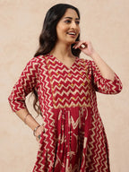 Magenta Geometric A-Line Cotton Stitched Kurta, Pant With Dupatta