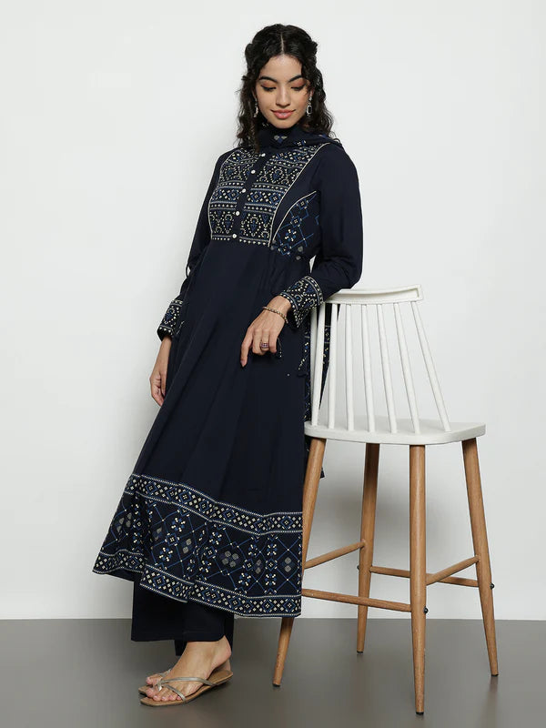 Rust Geomatric A-Line Cotton Stitched Kurta, Palazzo With Dupatta