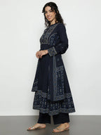 Rust Geomatric A-Line Cotton Stitched Kurta, Palazzo With Dupatta