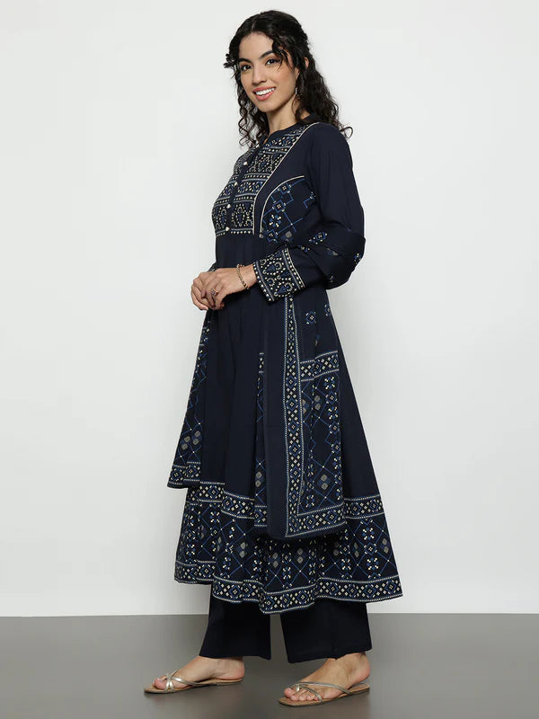 Rust Geomatric A-Line Cotton Stitched Kurta, Palazzo With Dupatta