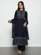 Rust Geomatric A-Line Cotton Stitched Kurta, Palazzo With Dupatta