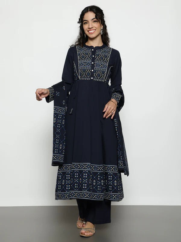 Rust Geomatric A-Line Cotton Stitched Kurta, Palazzo With Dupatta