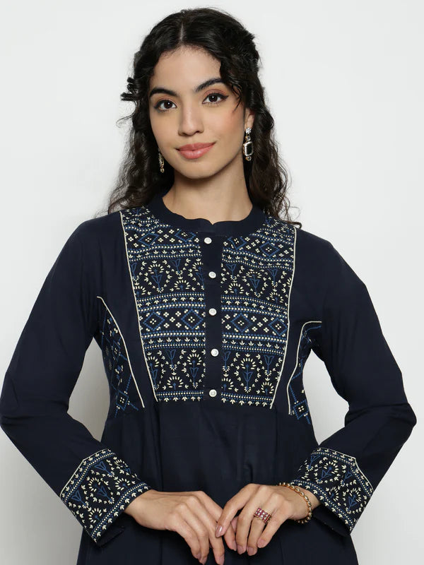 Rust Geomatric A-Line Cotton Stitched Kurta, Palazzo With Dupatta