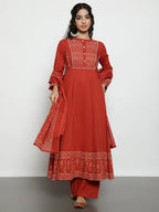 Rust Geomatric A-Line Cotton Stitched Kurta, Palazzo With Dupatta