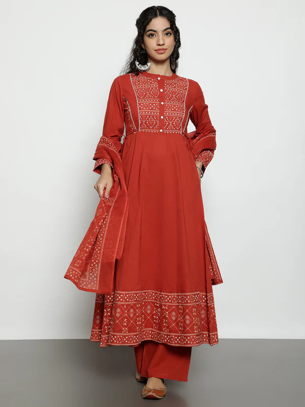 Rust Geomatric A-Line Cotton Stitched Kurta, Palazzo With Dupatta