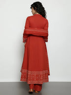 Rust Geomatric A-Line Cotton Stitched Kurta, Palazzo With Dupatta