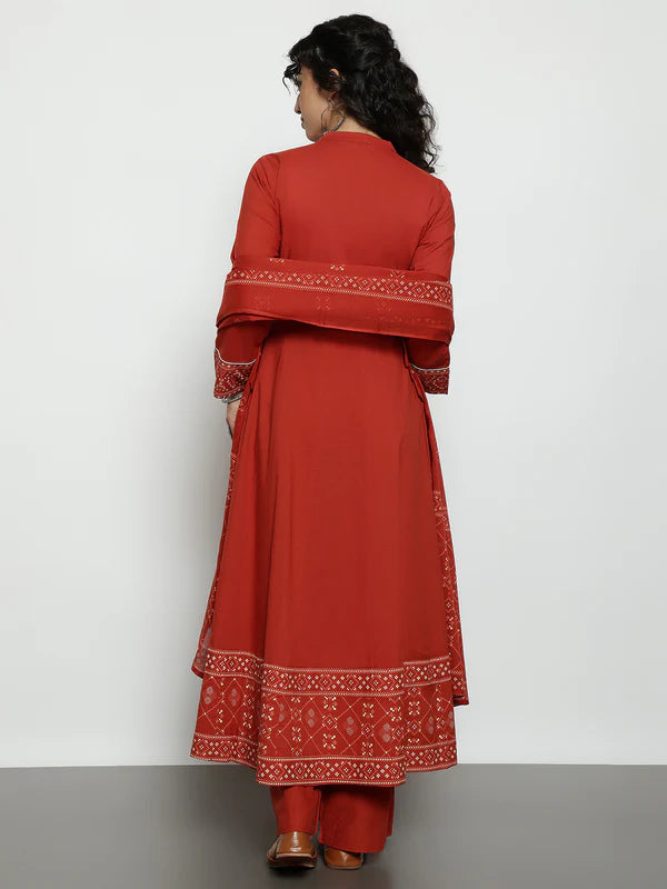 Rust Geomatric A-Line Cotton Stitched Kurta, Palazzo With Dupatta