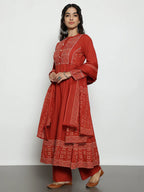 Rust Geomatric A-Line Cotton Stitched Kurta, Palazzo With Dupatta