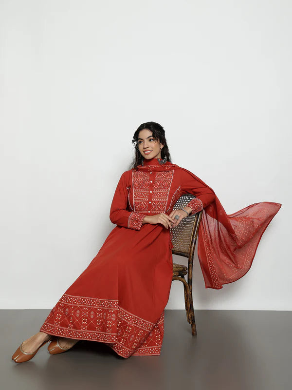 Rust Geomatric A-Line Cotton Stitched Kurta, Palazzo With Dupatta