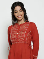 Rust Geomatric A-Line Cotton Stitched Kurta, Palazzo With Dupatta
