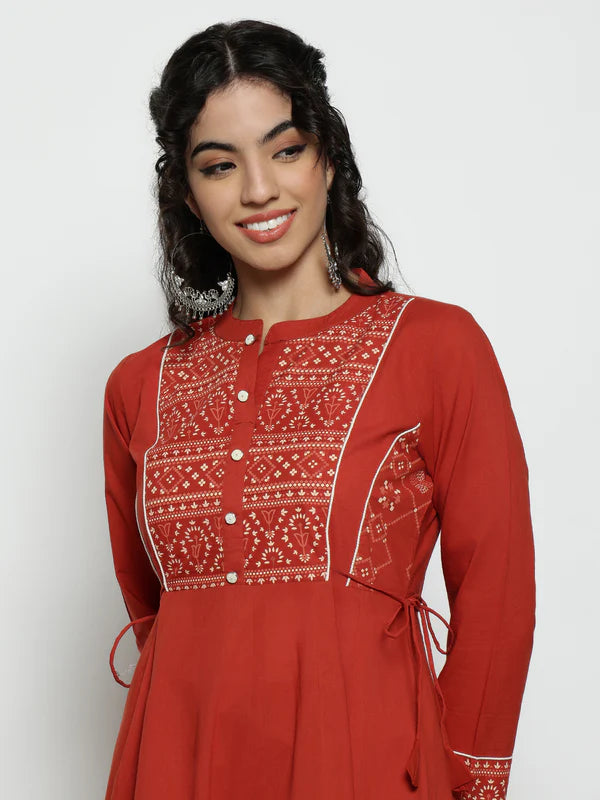 Rust Geomatric A-Line Cotton Stitched Kurta, Palazzo With Dupatta